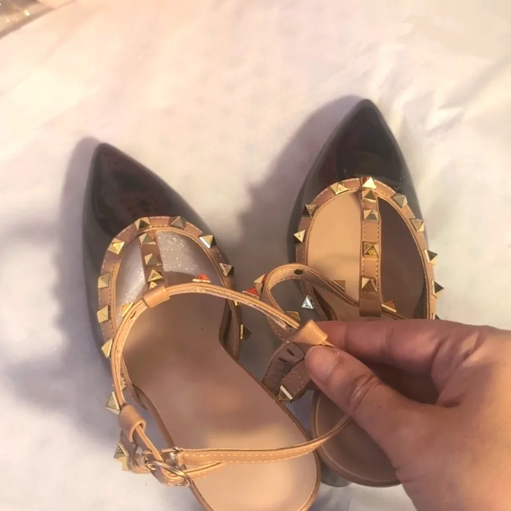 New Classic Two-Tone Black and Beige Heels with T-Strap Design Size 41